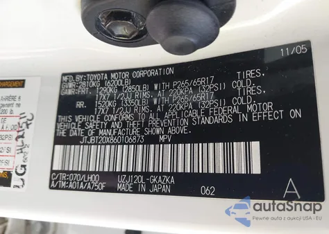 2006 Lexus Gx 470 из США, поврежденный, VIN JTJBT20X860106873